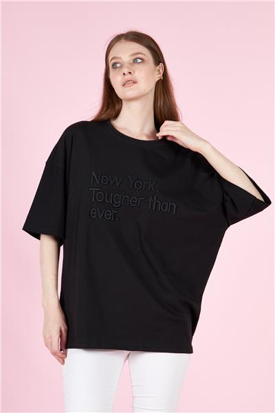 Kadın Kabartma Nakışlı Kompak Oversize Tişört 23126 Siyah
