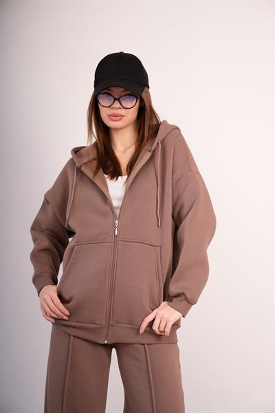 KADIN KAPŞONLU FERMUARLI OVERSİZE SWEAT 3 İPLİK ŞARDONLU 25593
