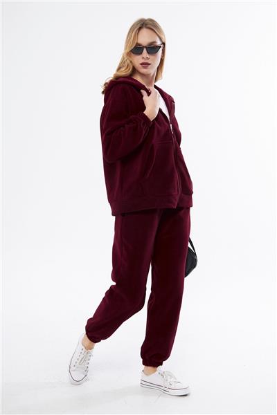 Kadin Kapüşonlu Önü Fermuarli Cepli Polar Oversize Eşofman Takimi 23586-Bordo