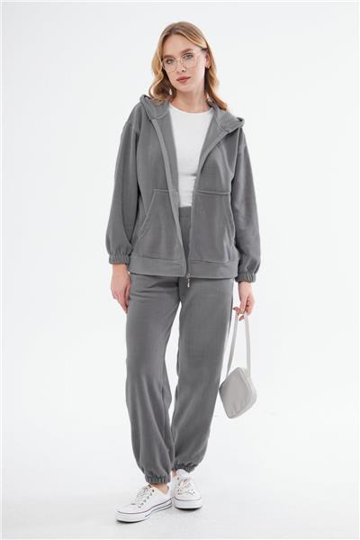 Kadin Kapüşonlu Önü Fermuarli Cepli Polar Oversize Eşofman Takimi 23586 Füme