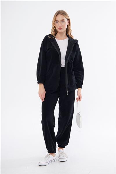 Kadin Kapüşonlu Önü Fermuarli Cepli Polar Oversize Eşofman Takimi 23586-Siyah