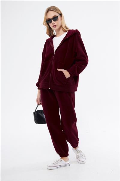 Kadin Kapüşonlu Önü Fermuarli Cepli Polar Oversize Eşofman Takimi 23586-Bordo