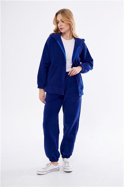 Kadin Kapüşonlu Önü Fermuarli Cepli Polar Oversize Eşofman Takimi 23586-Sax