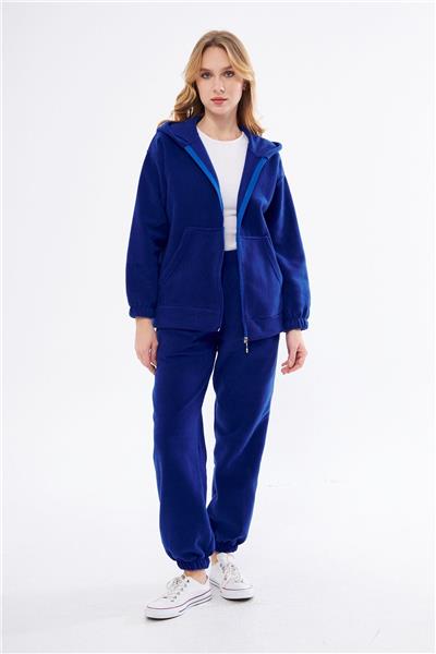 Kadin Kapüşonlu Önü Fermuarli Cepli Polar Oversize Eşofman Takimi 23586-Sax