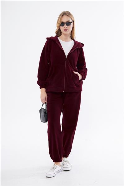 Kadin Kapüşonlu Önü Fermuarli Cepli Polar Oversize Eşofman Takimi 23586-Bordo