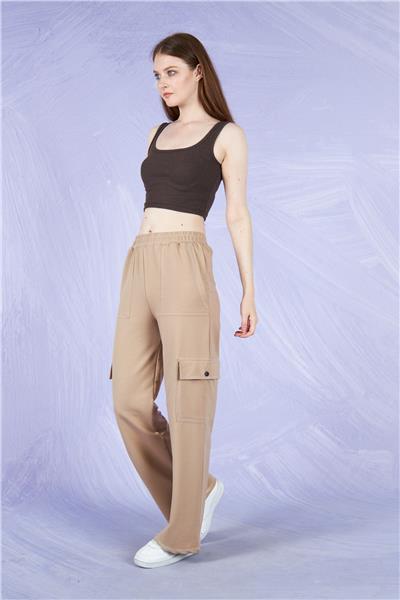 Kadın Kargo Cepli İki İplik Beli Lastikli Bol Paça Pantolon Mevsimlik 22589 Vizon