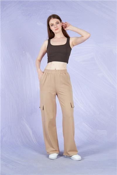 Kadın Kargo Cepli İki İplik Beli Lastikli Bol Paça Pantolon Mevsimlik 22589 Vizon