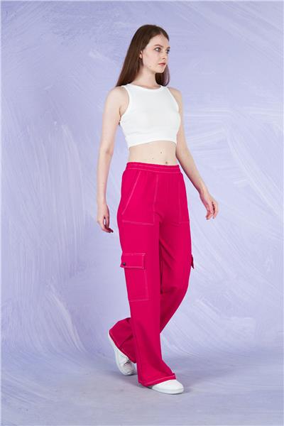 Kadın Kargo Cepli İki İplik Beli Lastikli Bol Paça Pantolon Mevsimlik 22589 Fuşya