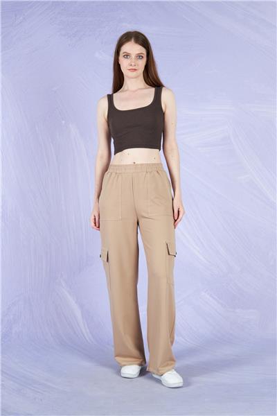 Kadın Kargo Cepli İki İplik Beli Lastikli Bol Paça Pantolon Mevsimlik 22589 Vizon