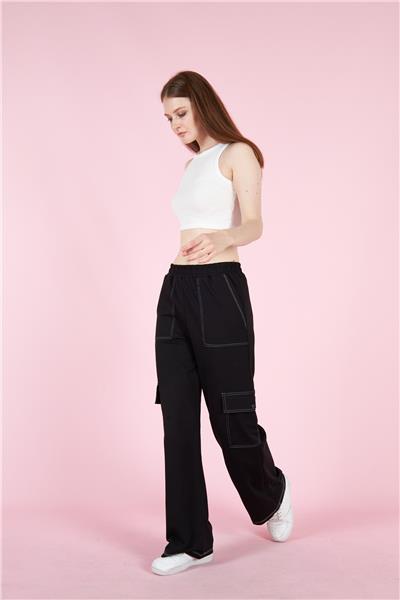 Kadın Kargo Cepli İki İplik Beli Lastikli Bol Paça Pantolon Mevsimlik 22589 Siyah