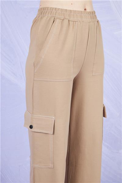 Kadın Kargo Cepli İki İplik Beli Lastikli Bol Paça Pantolon Mevsimlik 22589 Vizon