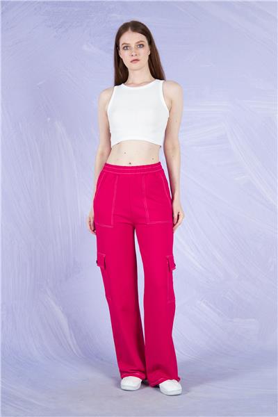 Kadın Kargo Cepli İki İplik Beli Lastikli Bol Paça Pantolon Mevsimlik 22589 Fuşya