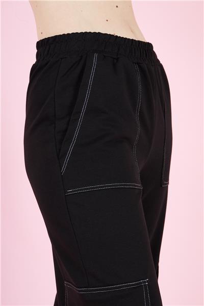 Kadın Kargo Cepli İki İplik Beli Lastikli Bol Paça Pantolon Mevsimlik 22589 Siyah