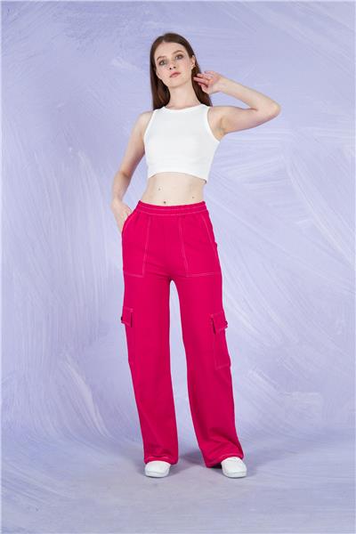 Kadın Kargo Cepli İki İplik Beli Lastikli Bol Paça Pantolon Mevsimlik 22589 Fuşya