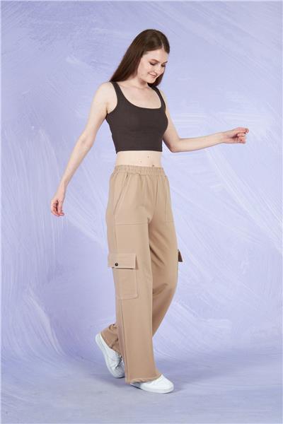 Kadın Kargo Cepli İki İplik Beli Lastikli Bol Paça Pantolon Mevsimlik 22589 Vizon