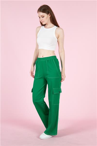Kadın Kargo Cepli İki İplik Beli Lastikli Bol Paça Pantolon Mevsimlik 22589 Yeşil