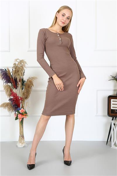 Kadın Kaşkorse Kumaş Bodycon Elbise Yakası Çıtçıtlı Uzun Kollu 23514 -Kahverengi