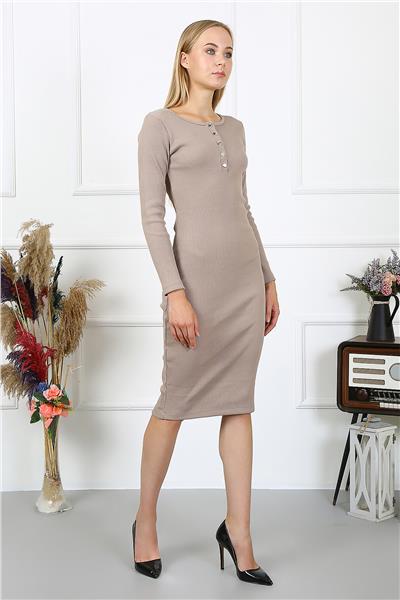 Kadın Kaşkorse Kumaş Bodycon Elbise Yakası Çıtçıtlı Uzun Kollu 23514 -Vizon
