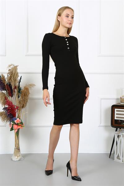 Kadın Kaşkorse Kumaş Bodycon Elbise Yakası Çıtçıtlı Uzun Kollu 23514 -siyah