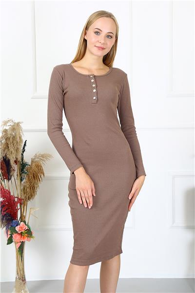 Kadın Kaşkorse Kumaş Bodycon Elbise Yakası Çıtçıtlı Uzun Kollu 23514 -Kahverengi