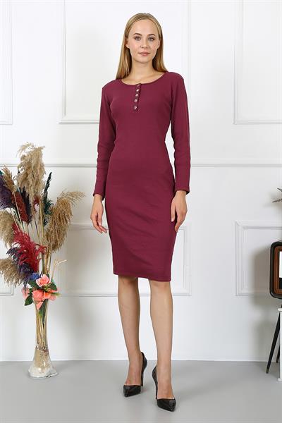Kadın Kaşkorse Kumaş Bodycon Elbise Yakası Çıtçıtlı Uzun Kollu 23514 -bordo
