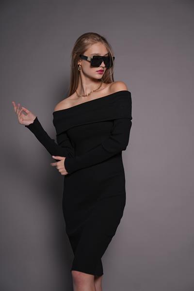 Kadın Kayık Yaka Kaşkorse Bodycon Elbise 22542 Siyah