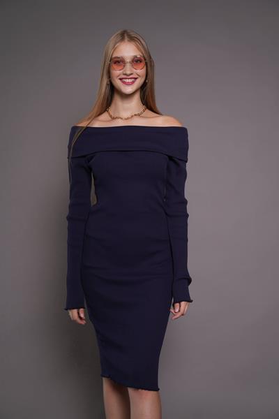 Kadın Kayık Yaka Kaşkorse Bodycon Elbise 22542 Lacivert