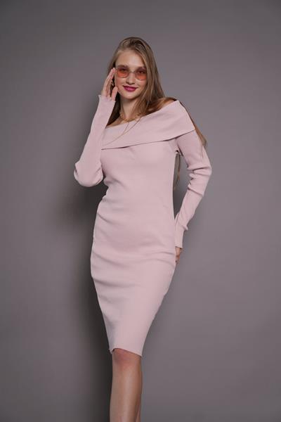 Kadın Kayık Yaka Kaşkorse Bodycon Elbise 22542 Pudra