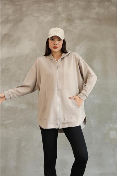 Kadın Modal Kumaş Kapüşonlu Fermuarlı Oversize Hırka 25518