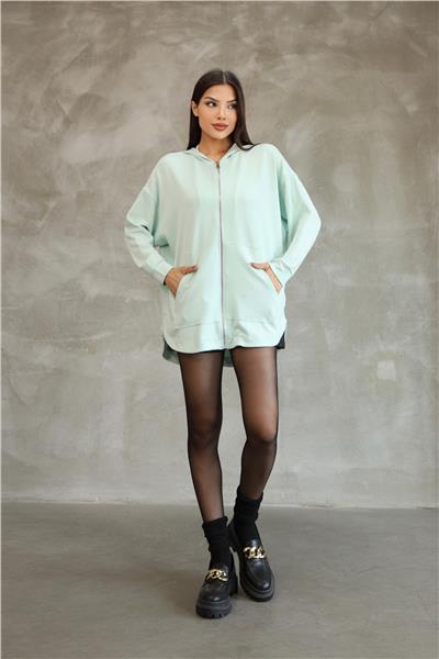 Kadın Modal Kumaş Kapüşonlu Fermuarlı Oversize Hırka 25518