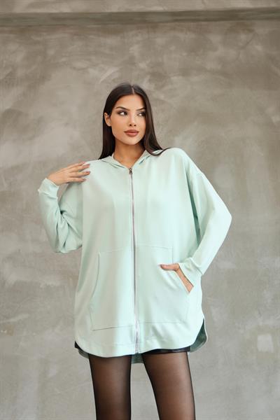 Kadın Modal Kumaş Kapüşonlu Fermuarlı Oversize Hırka 25518