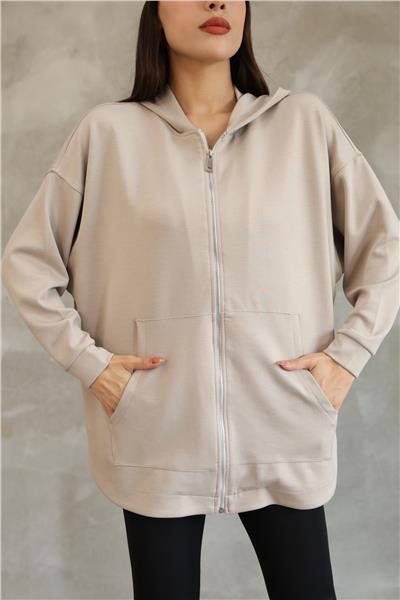 Kadın Modal Kumaş Kapüşonlu Fermuarlı Oversize Hırka 25518