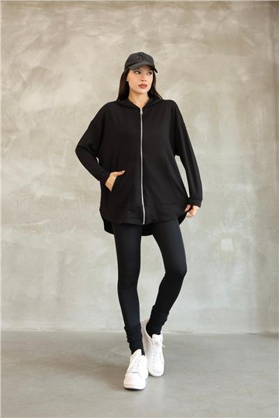 Kadın Modal Kumaş Kapüşonlu Fermuarlı Oversize Hırka 25518
