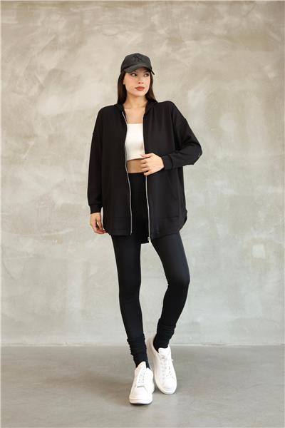 Kadın Modal Kumaş Kapüşonlu Fermuarlı Oversize Hırka 25518