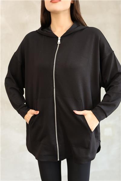 Kadın Modal Kumaş Kapüşonlu Fermuarlı Oversize Hırka 25518