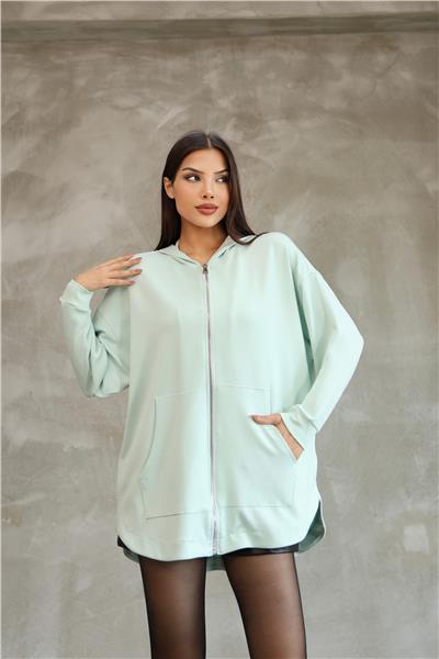Kadın Modal Kumaş Kapüşonlu Fermuarlı Oversize Hırka 25518
