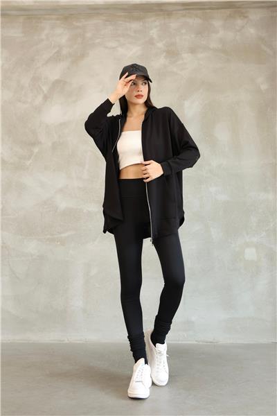 Kadın Modal Kumaş Kapüşonlu Fermuarlı Oversize Hırka 25518