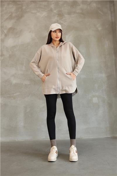 Kadın Modal Kumaş Kapüşonlu Fermuarlı Oversize Hırka 25518