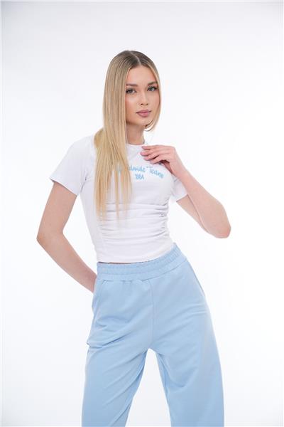 Kadın Nakışlı Crop Eşofman Takımı Önü Baskılı Yırtmaçlı Cepli 24063 Mavi