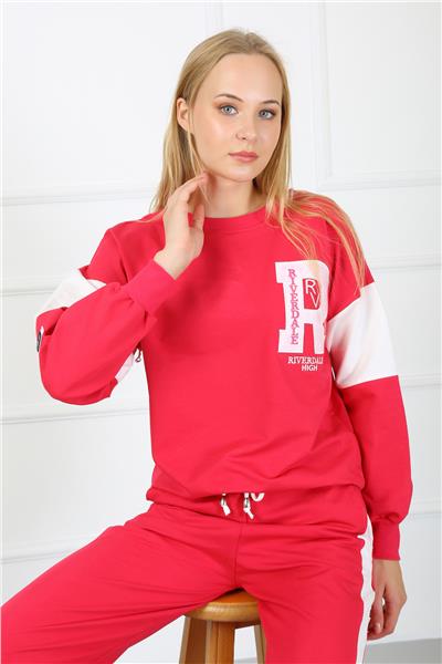 Kadın Nakışlı İki İplik Kumaş Oversize Garneli Eşofman Takımı 23519 -Fuşya