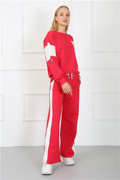 Kadın Nakışlı İki İplik Kumaş Oversize Garneli Eşofman Takımı 23519 -Fuşya