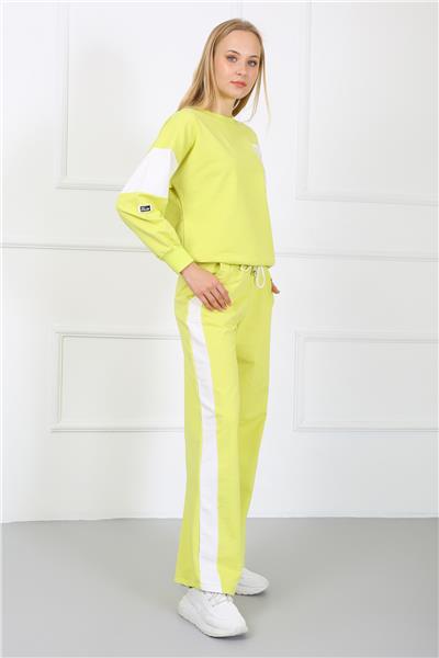 Kadın Nakışlı İki İplik Kumaş Oversize Garneli Eşofman Takımı 23519 -Sarı