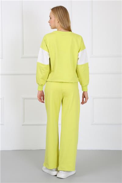 Kadın Nakışlı İki İplik Kumaş Oversize Garneli Eşofman Takımı 23519 -Sarı