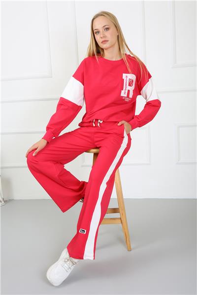 Kadın Nakışlı İki İplik Kumaş Oversize Garneli Eşofman Takımı 23519 -Fuşya