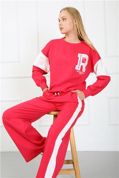 Kadın Nakışlı İki İplik Kumaş Oversize Garneli Eşofman Takımı 23519 -Fuşya