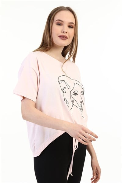 Kadın Nakışlı Pudra T-shirt 20085