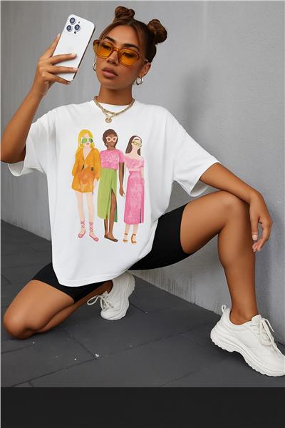 Kadın Oversize Baskılı T-Shirt Pamuklu 24055-2