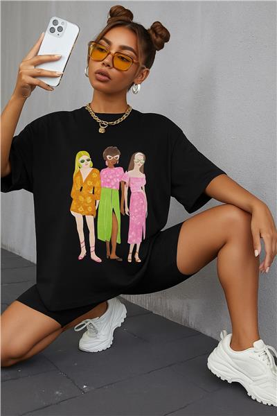 Kadın Oversize Baskılı T-Shirt Pamuklu 24055-2