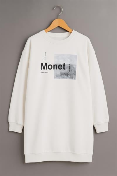 Kadın Oversize Baskılı Uzun Sweatshirt / Tunik 24539 Ekru