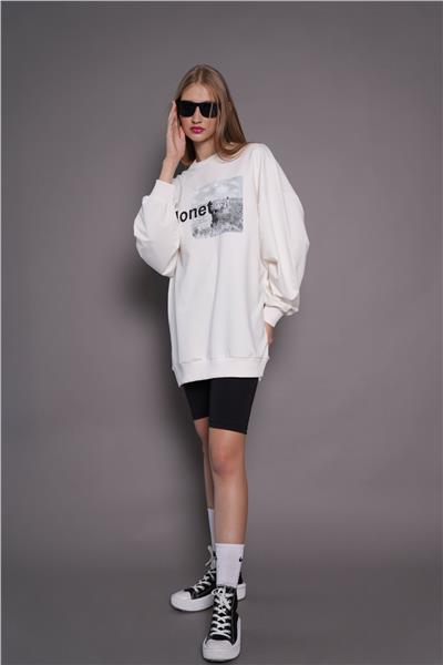 Kadın Oversize Baskılı Uzun Sweatshirt / Tunik 24539 Ekru